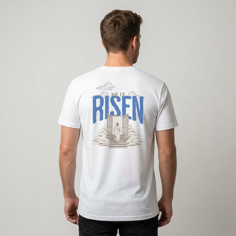 Christliches Herren T-Shirt mit Backprint & Frontlogo- He Is Risen
