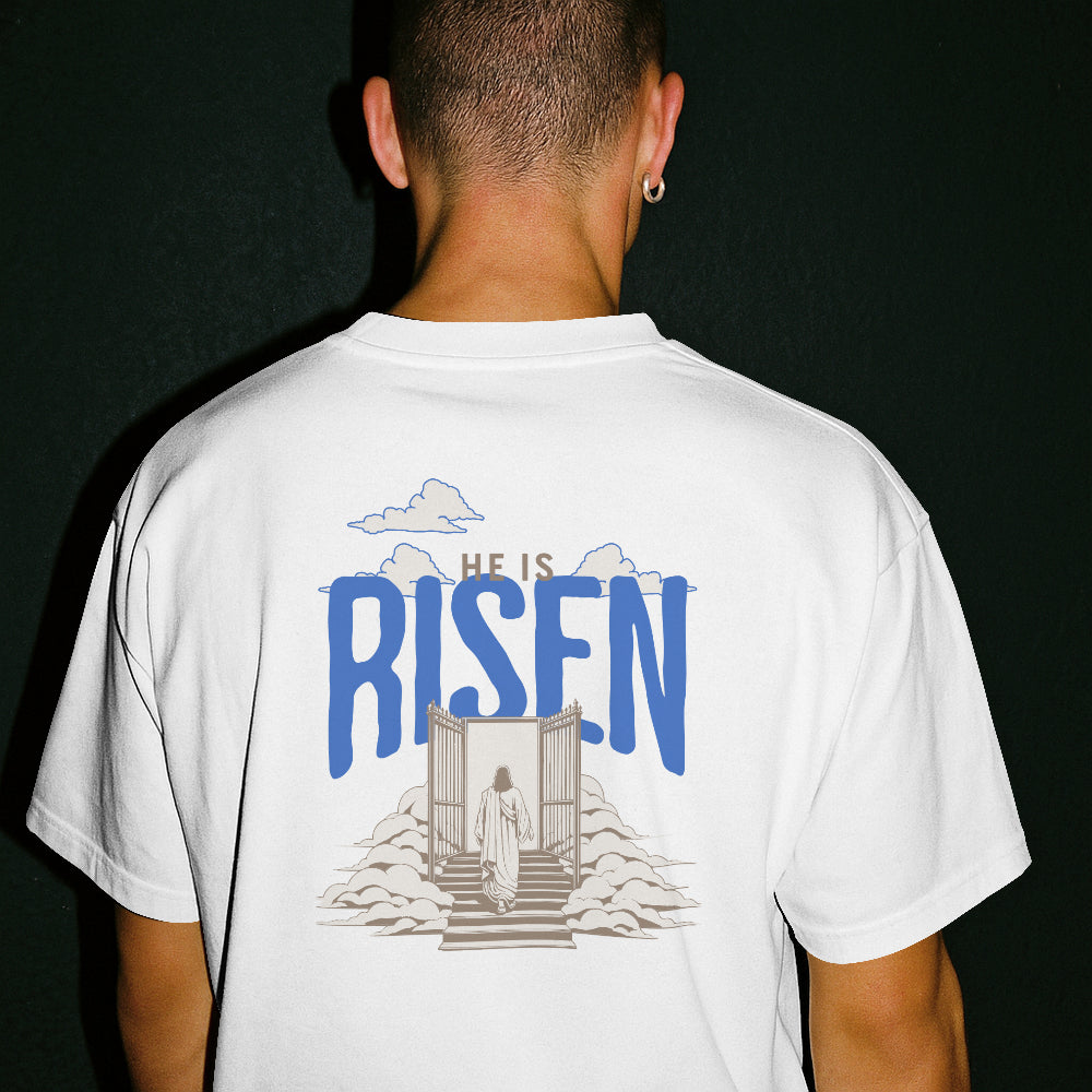 Christliches unisex Oversized T-Shirt mit Backprint & Frontlogo- He Is Risen