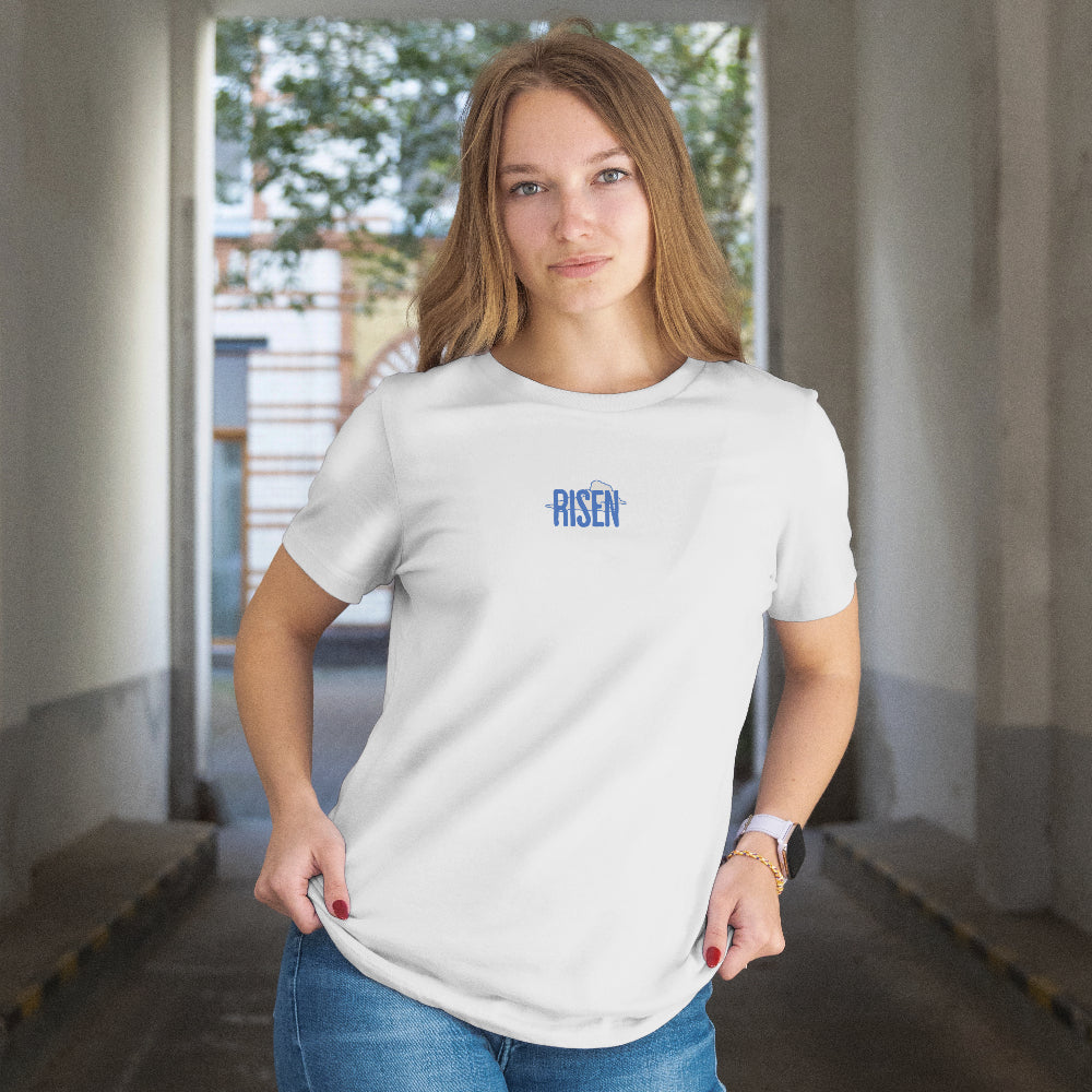 Christliches Damen T-Shirt mit Backprint & Frontlogo- He Is Risen