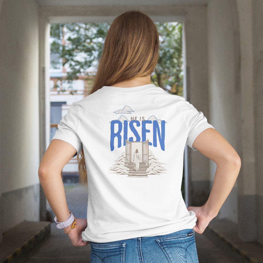 Christliches Damen T-Shirt mit Backprint & Frontlogo- He Is Risen