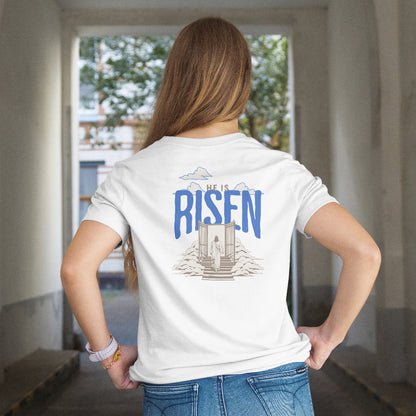 Christliches Damen T-Shirt mit Backprint & Frontlogo- He Is Risen