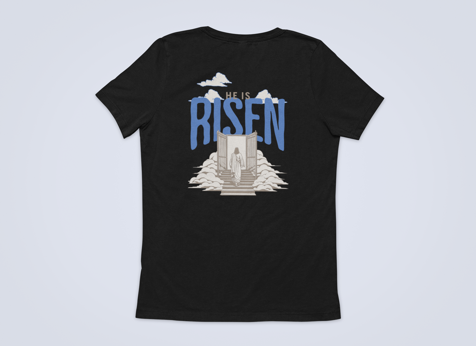 Christliches Damen T-Shirt mit Backprint & Frontlogo- He Is Risen