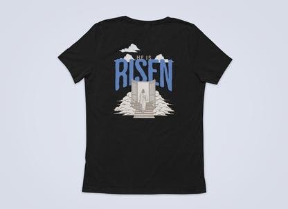 Christliches Damen T-Shirt mit Backprint & Frontlogo- He Is Risen