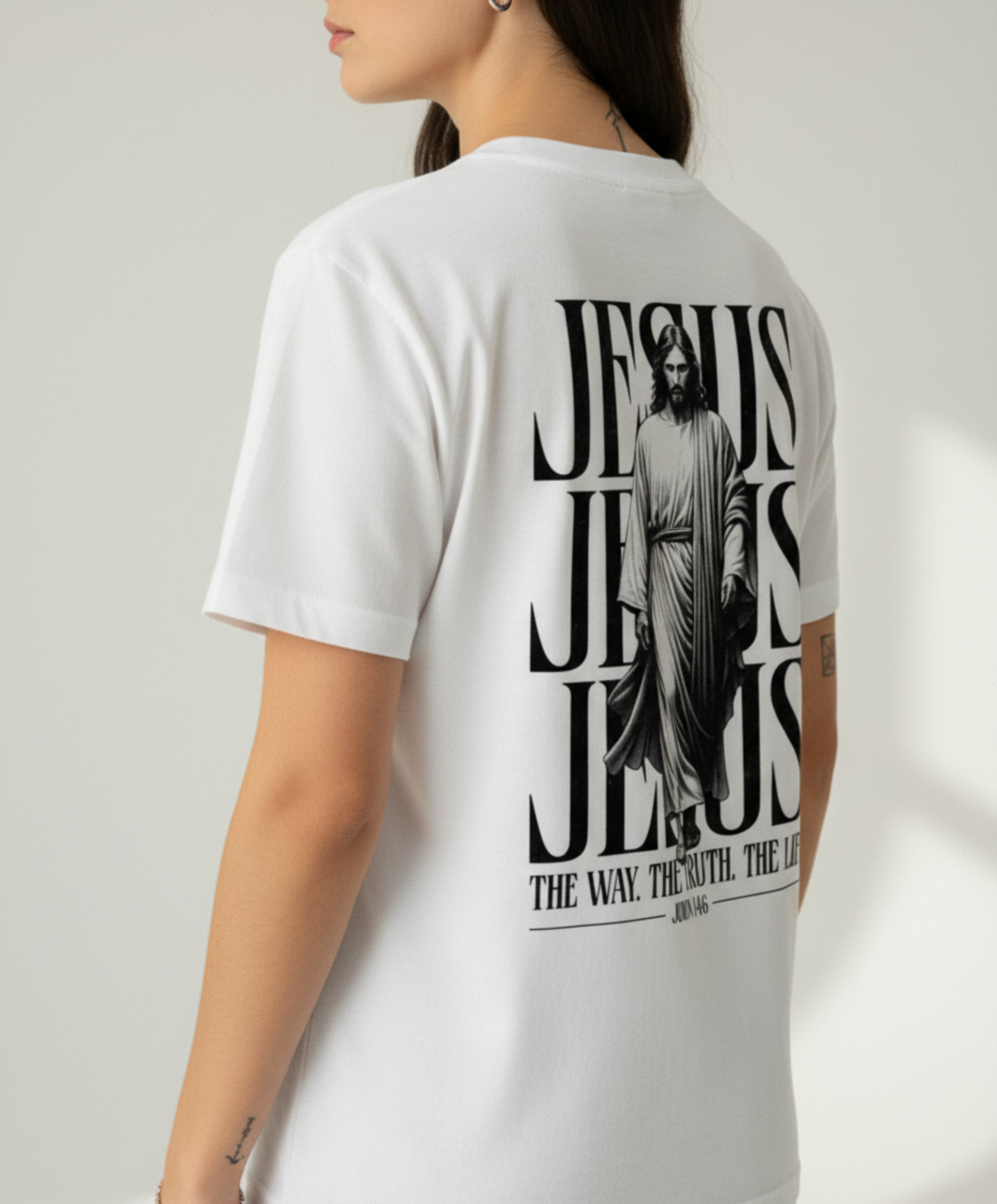 Christliches Damen T-Shirt mit Jesus – „The Way, The Truth, The Life“ Bibelvers Backprint