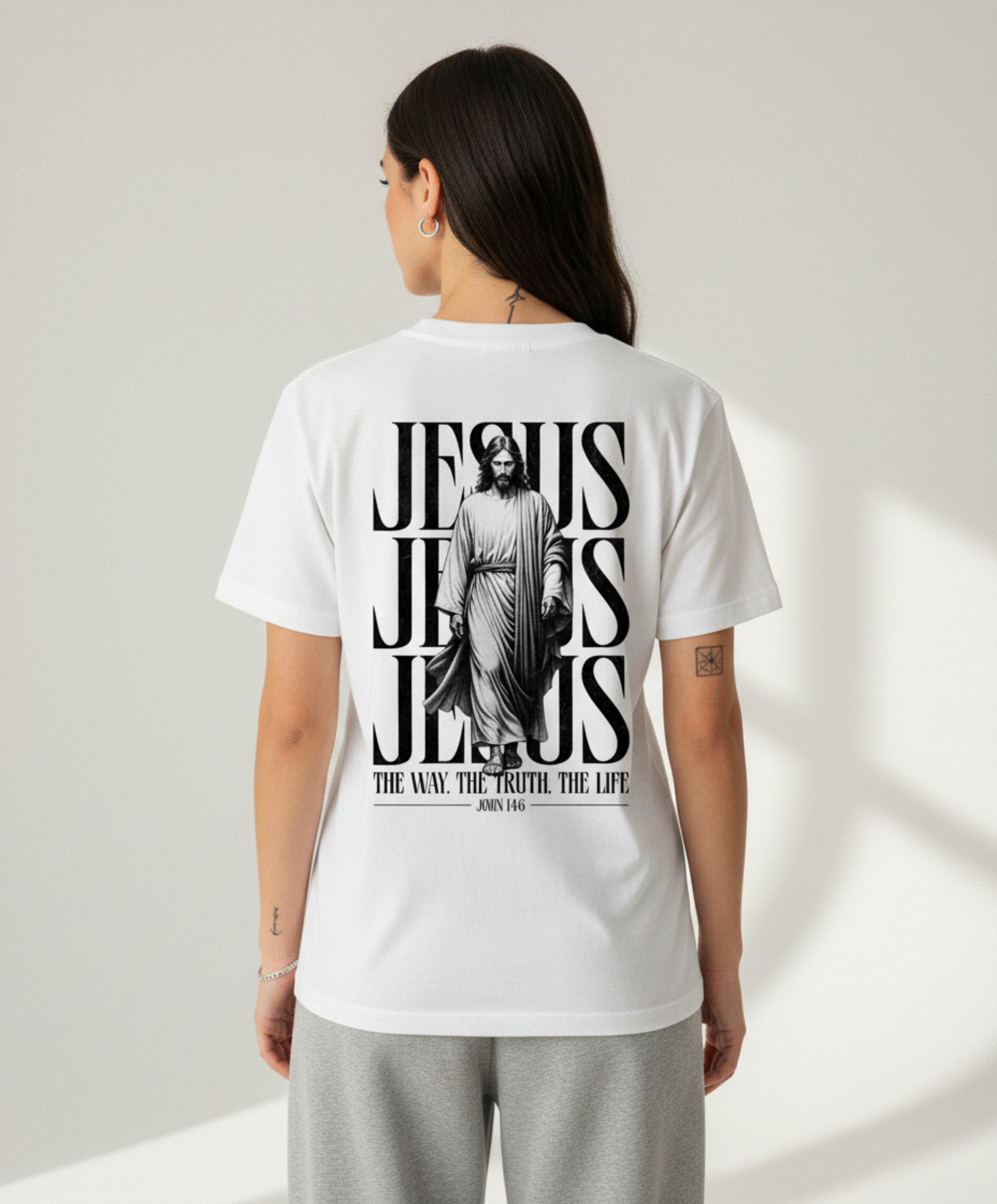 Christliches Damen T-Shirt mit Jesus – „The Way, The Truth, The Life“ Bibelvers Backprint
