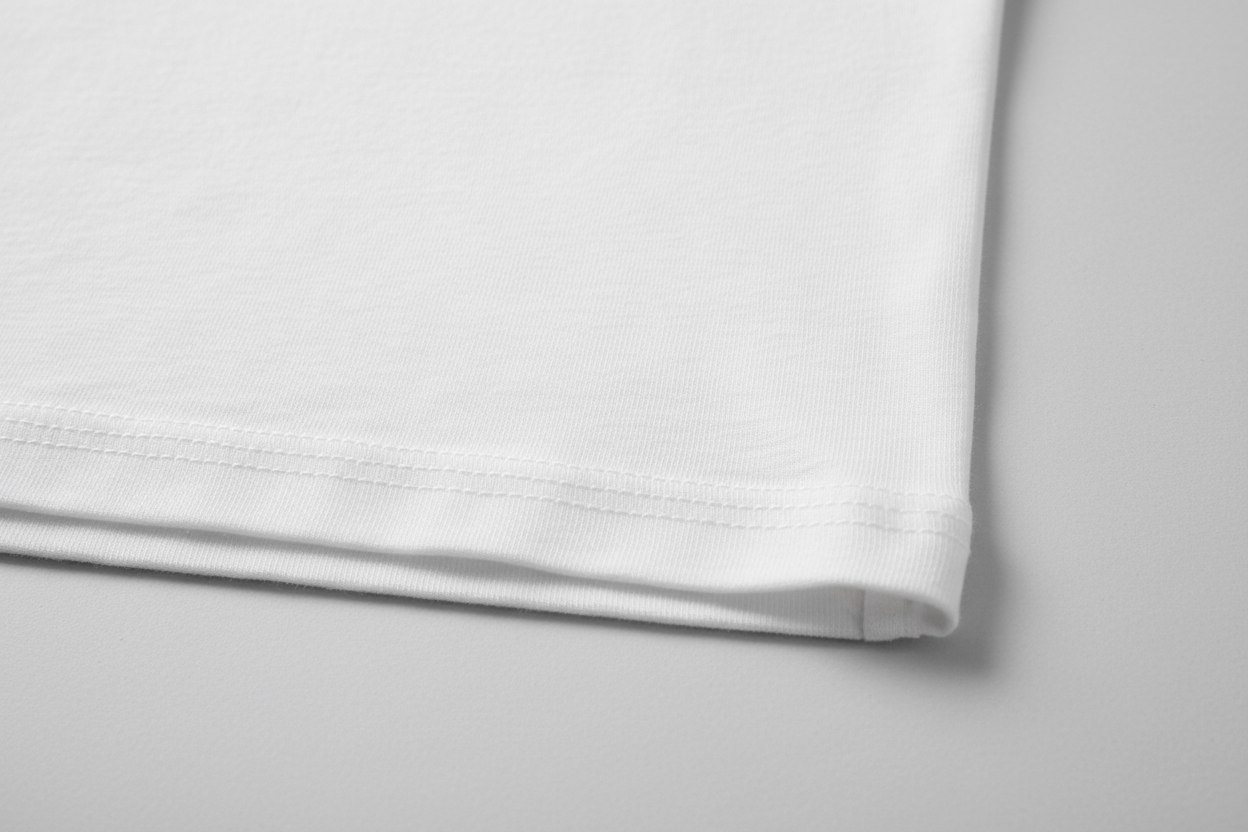 erstelle mir ein realistisches bikld von einem weißem tshirt untem am saum