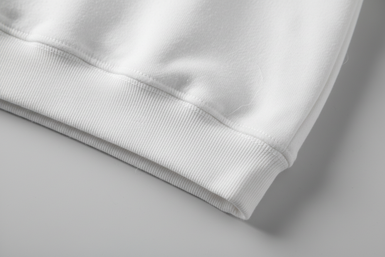 nahaufnahme von einem weißßen sweat am saumen